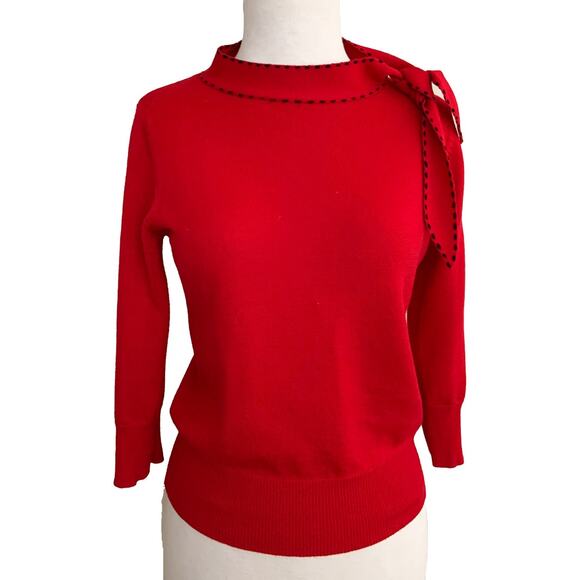 Biba Tie Mock Neck Sweater Red 100% Wool Knit Long Sleeve Casual Size 40 US 2 - Picture 1 of 5